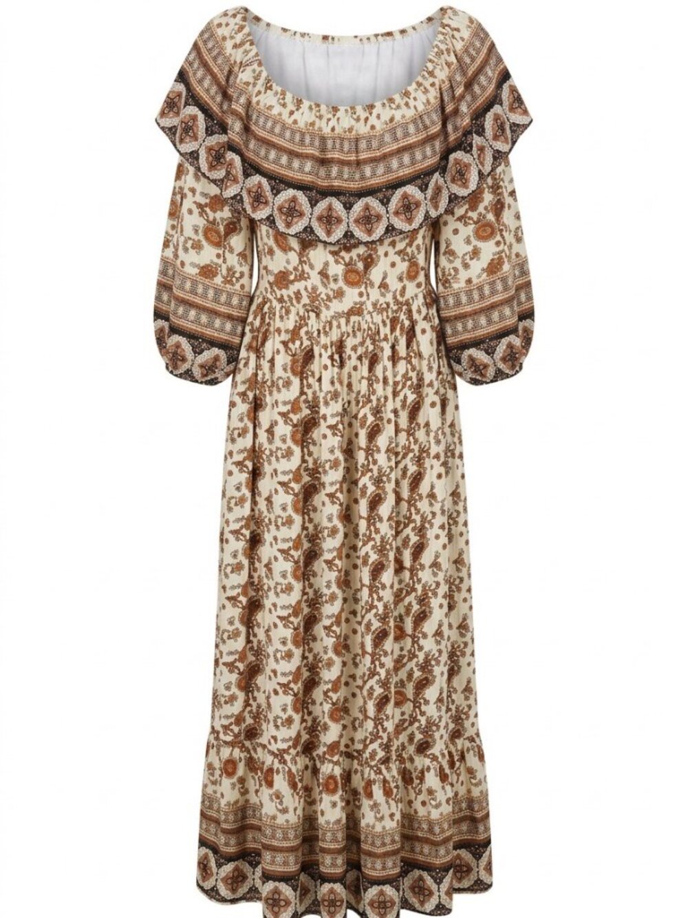 Margaux Riviera Cream Floral Off Shoulder Boho Maxi Dress Prairie Cottagecore L